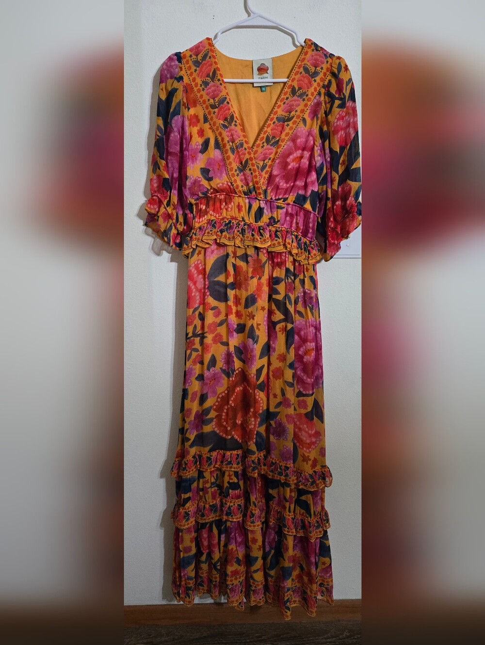 FARM Rio Mustard Maxi Dress with Pink Floral Print